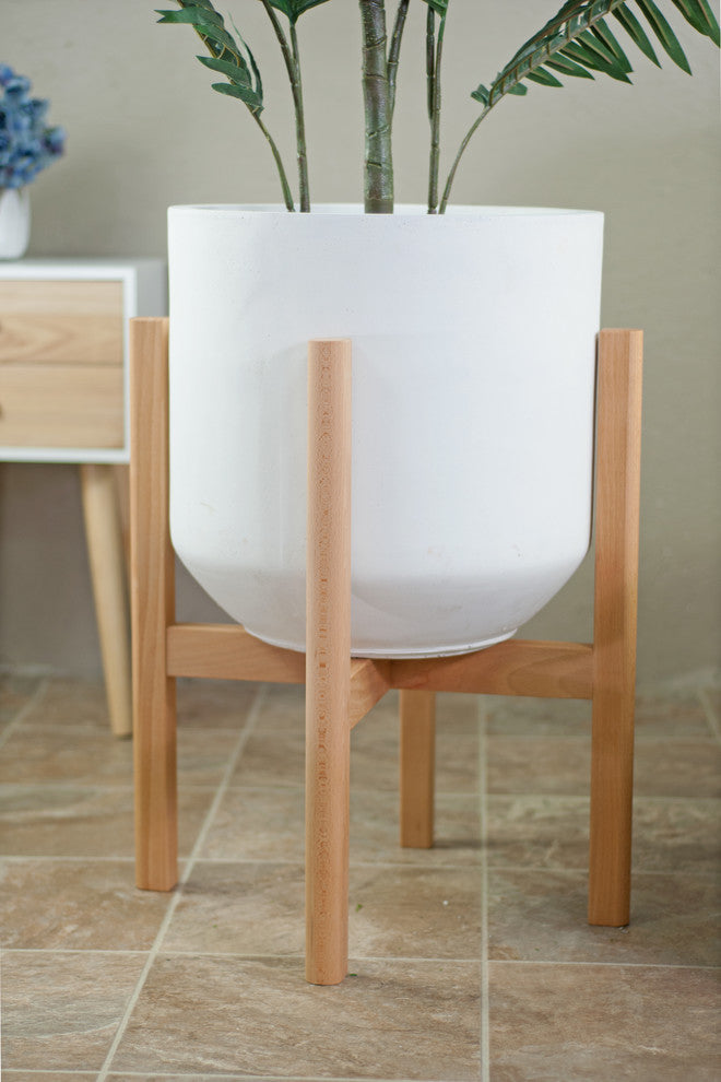 XX Large Fiber Clay Pot 16'' White With Wood Plant Stand Set Natural Color