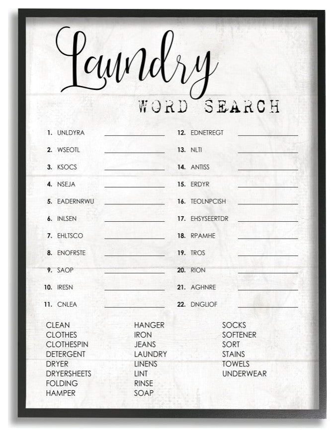 Stupell Industries Laundry Word Scramble Fun Family Word Design, 24"x30", Black