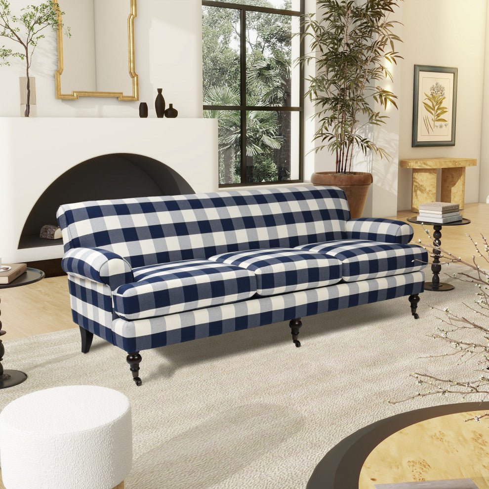 Alana Lawson 88" 3-Cushion Tight Back Sofa, Blue Lattice Woven
