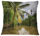 Tropical River With Bent Coconut Palm Landscape Printed Throw Pillow, 16"x16"