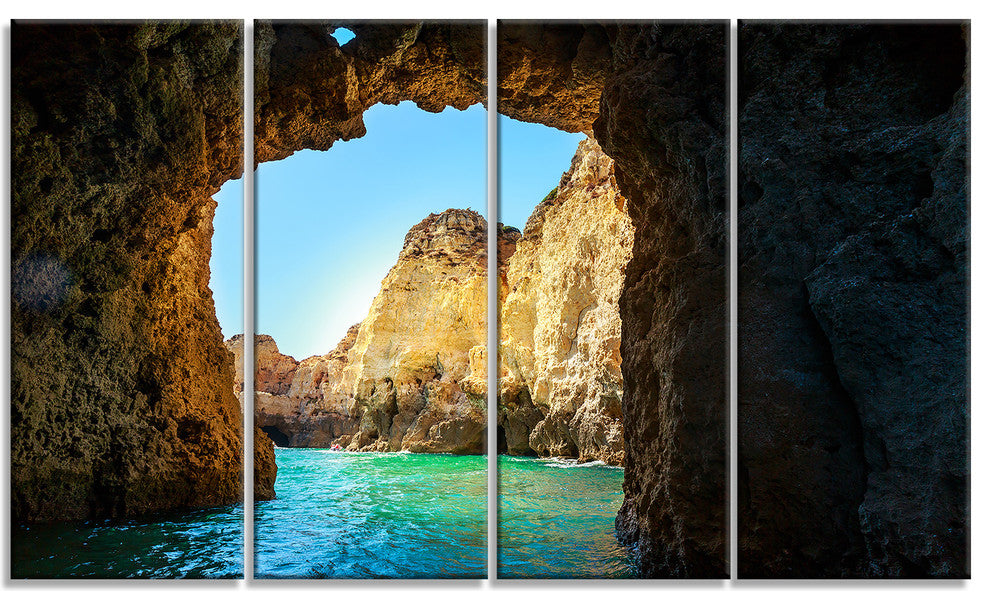 "Sea Through Rocky Cave Portugal" Seashore Wall Art, 48"x28", 4-Panels