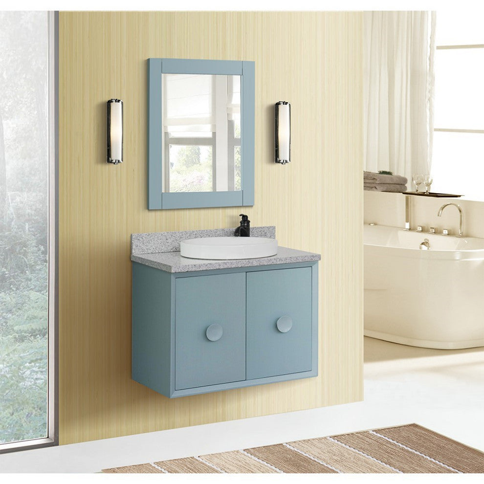 31" Single Wall Mount Vanity, Aqua Blue Finish With Gray Granite Top