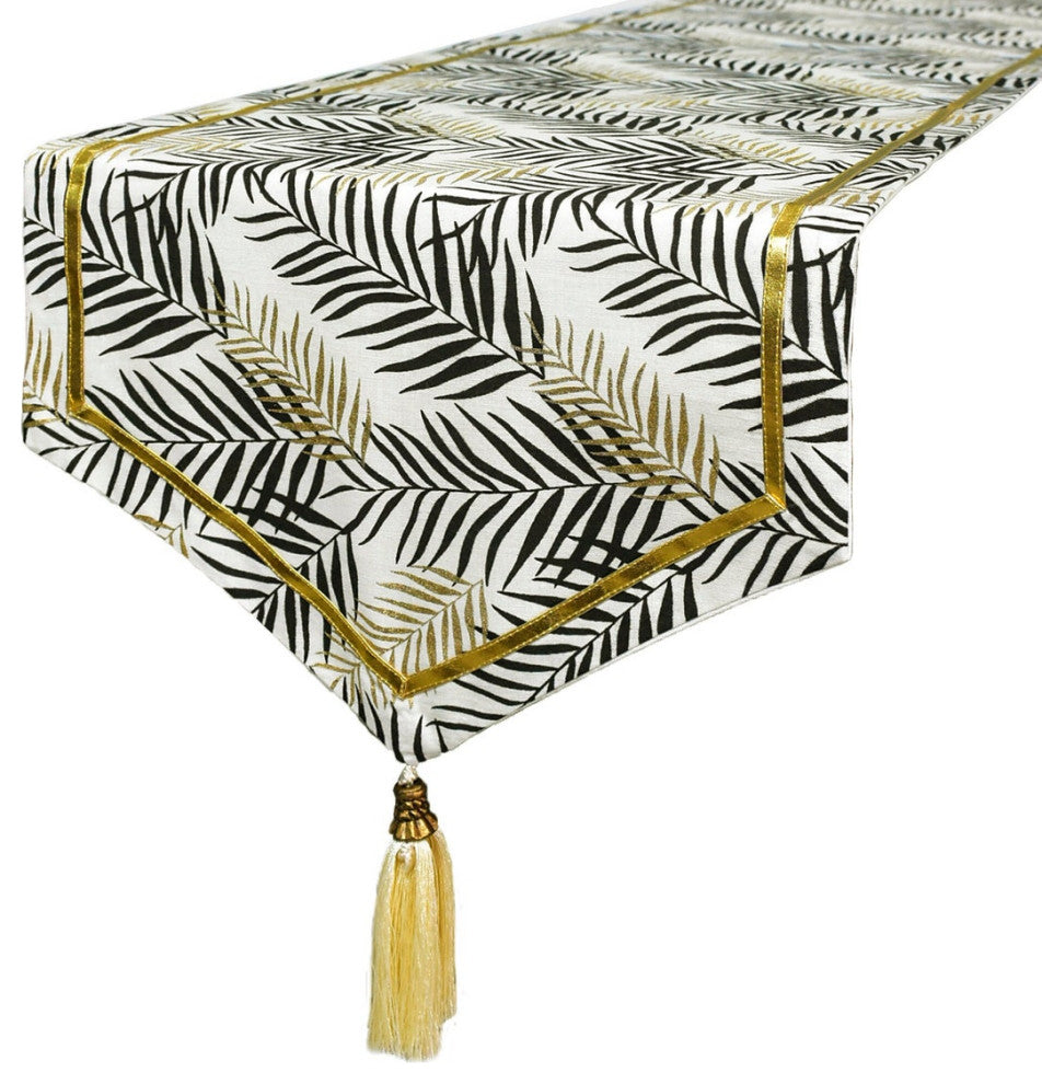 Decorative Table Runner Black Cotton 14"x72", Leaf, Gold Glitter, Tassels- Panra