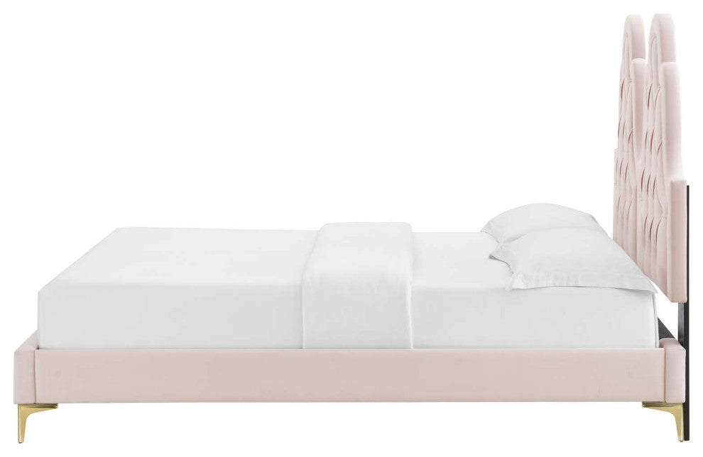 Tufted Platform Bed Frame, Twin Size, Velvet, Pink, Modern Contemporary, Bedroom
