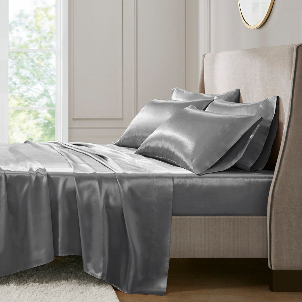 Madison Park Essentials Satin Luxury 6 PC Sheet Set, Grey