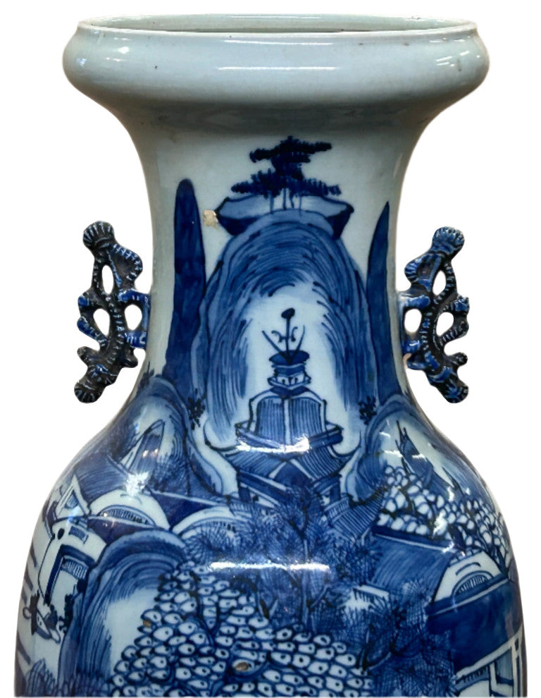 23.5" Vintage Blue White Scenery Porcelain Ru Yi Ear Art Vase Hws4361