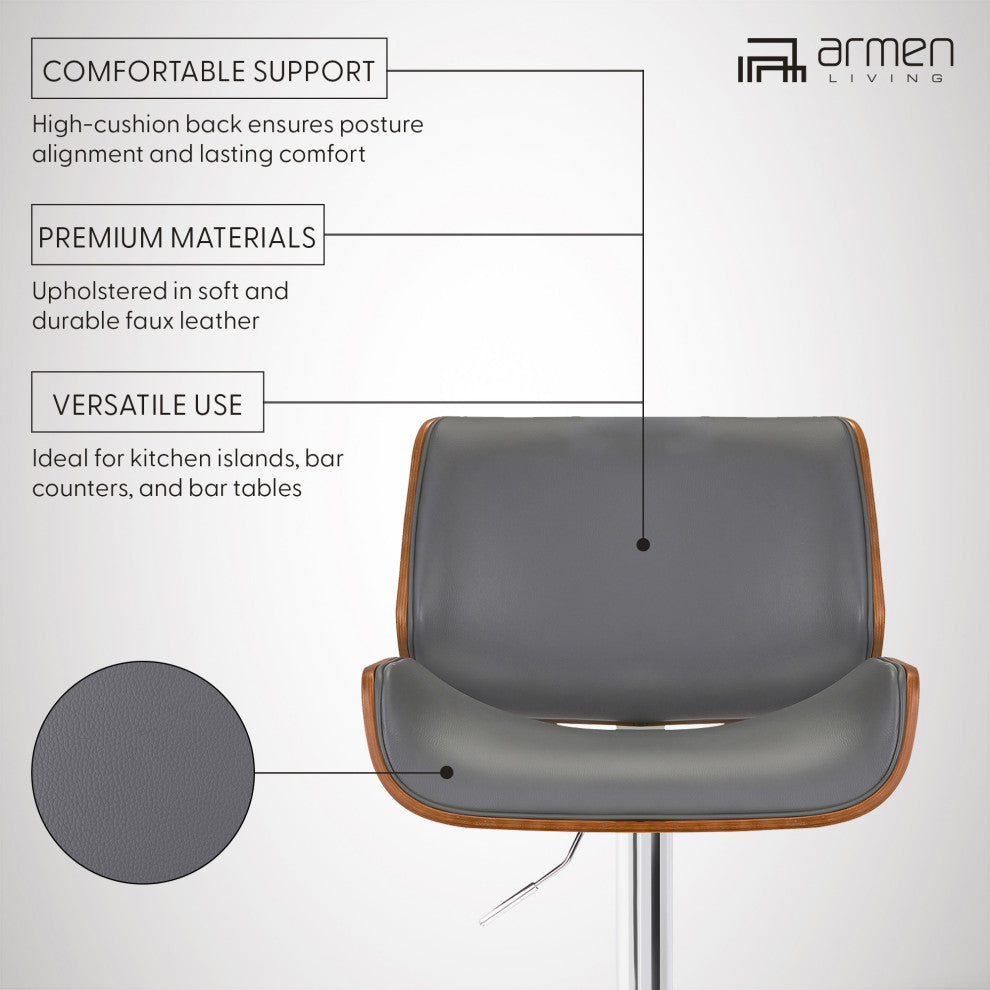 London Contemporary Swivel Bar Stool, Gray Faux Leather/Chrome Base/Walnut Wood