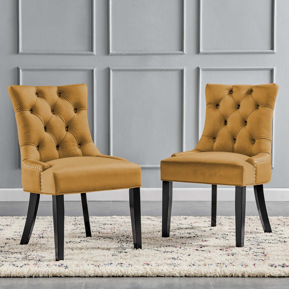 Tufted Side Dining Chair, Set of 2, Velvet, Wood, Brown, Cafe Bistro Restaurant