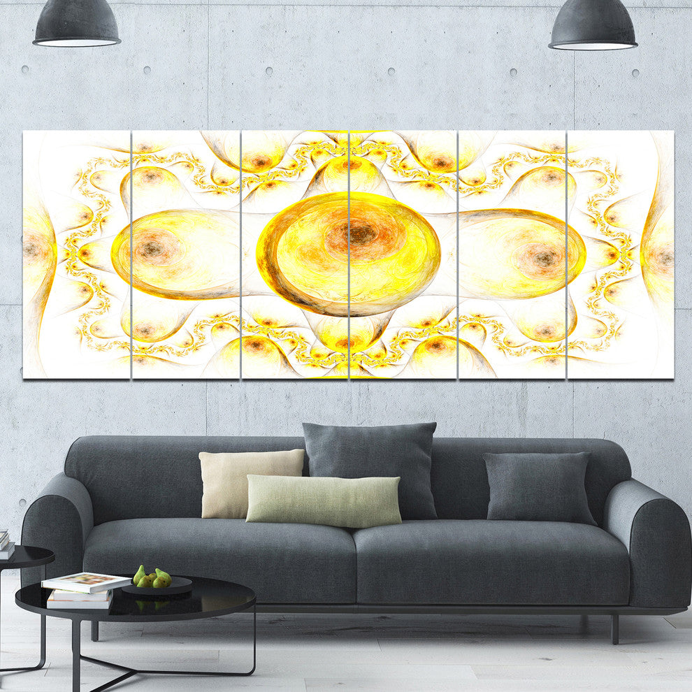 Yellow Exotic Pattern on White, Abstract Art on Canvas, 70"x28", 6 Panels