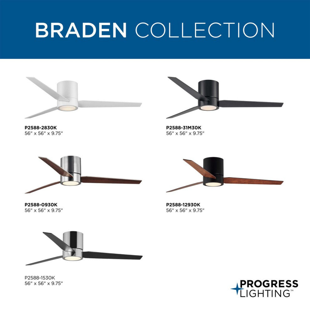 Braden 56" LED Indoor Satin White Ceiling Fan, Light Kit and White Opal Shade
