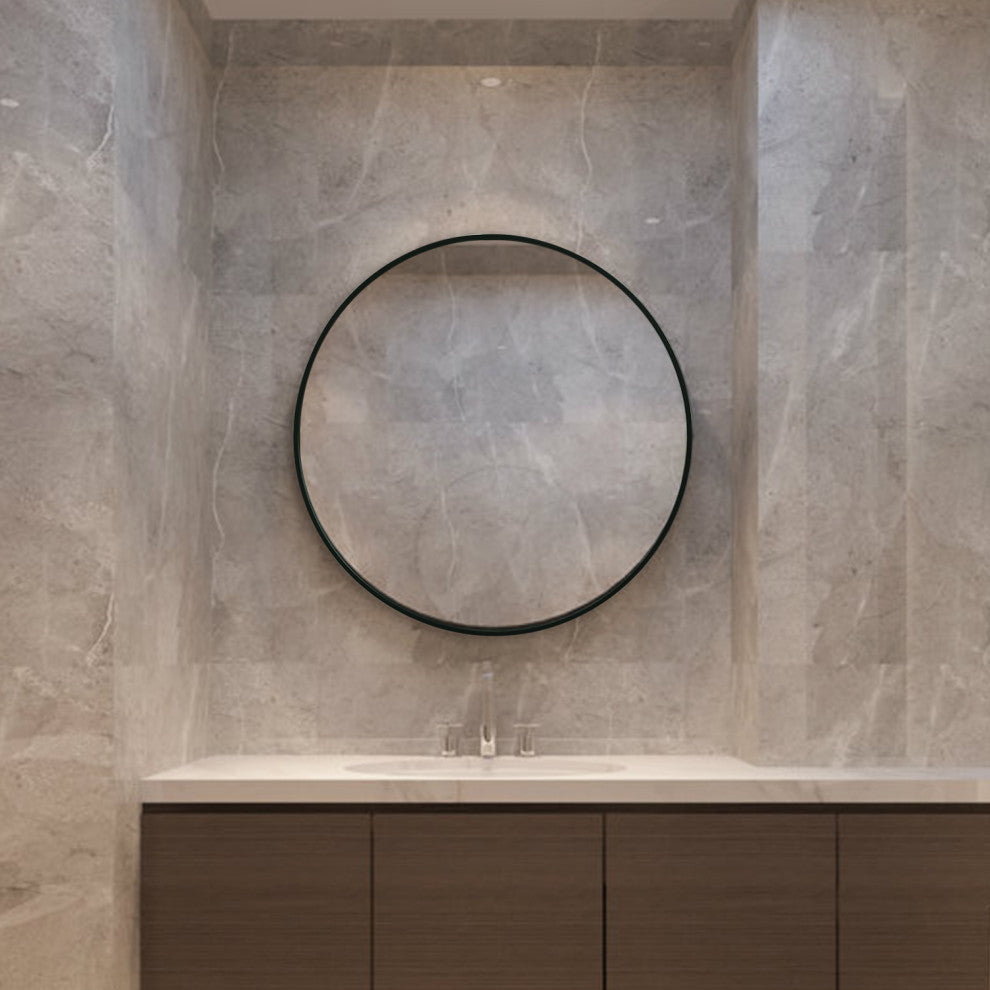 Round Black Metal Framed Wall Mirror, 27.6" X 27.6" Dia.