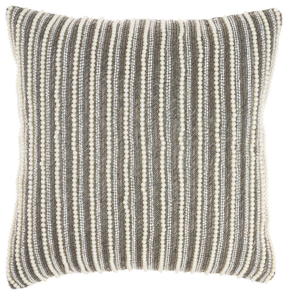 Nourison Home 20"x20" Sofia Beaded Vert Stripes Pewter Throw Pillows