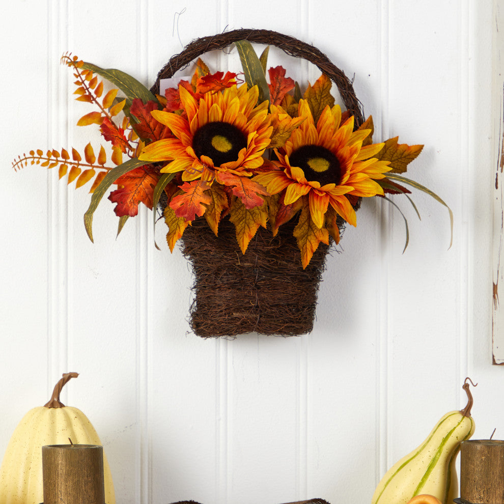 16" Fall Sunflower Artificial Autumn Arrangement, Decorative Basket