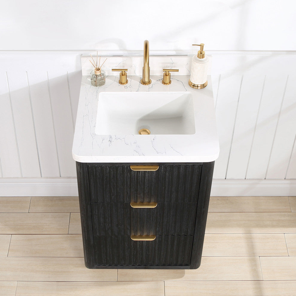 Vinnova Cadiz Bath Vanity, Composite Stone Top, Black, 24", No Mirror