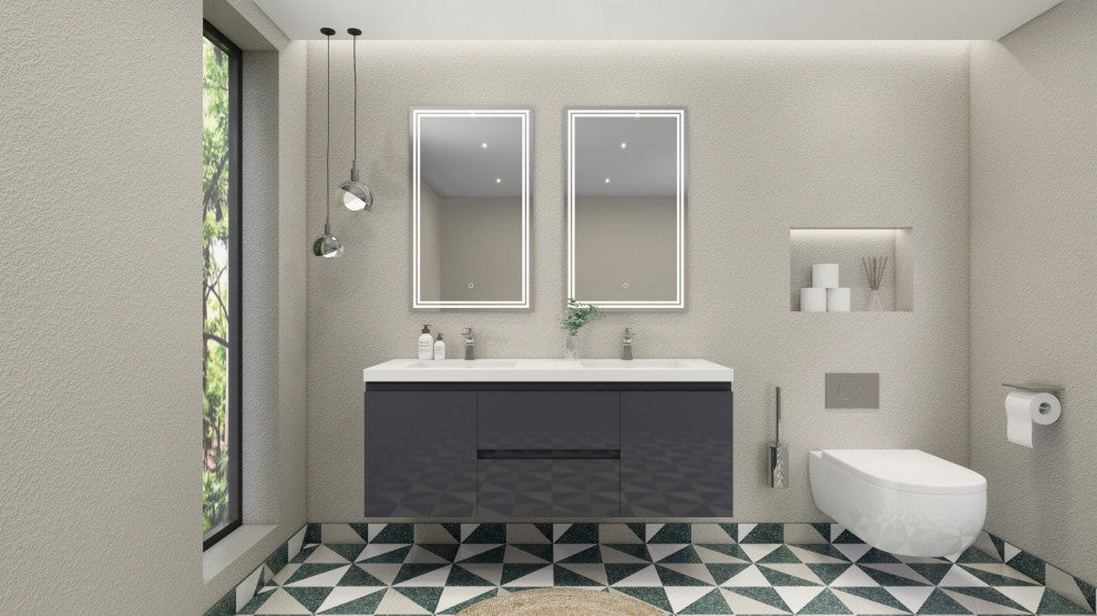 Belli 60" Double Sink Wall Mount Vanity Set, High Gloss Gray, Glossy White Top