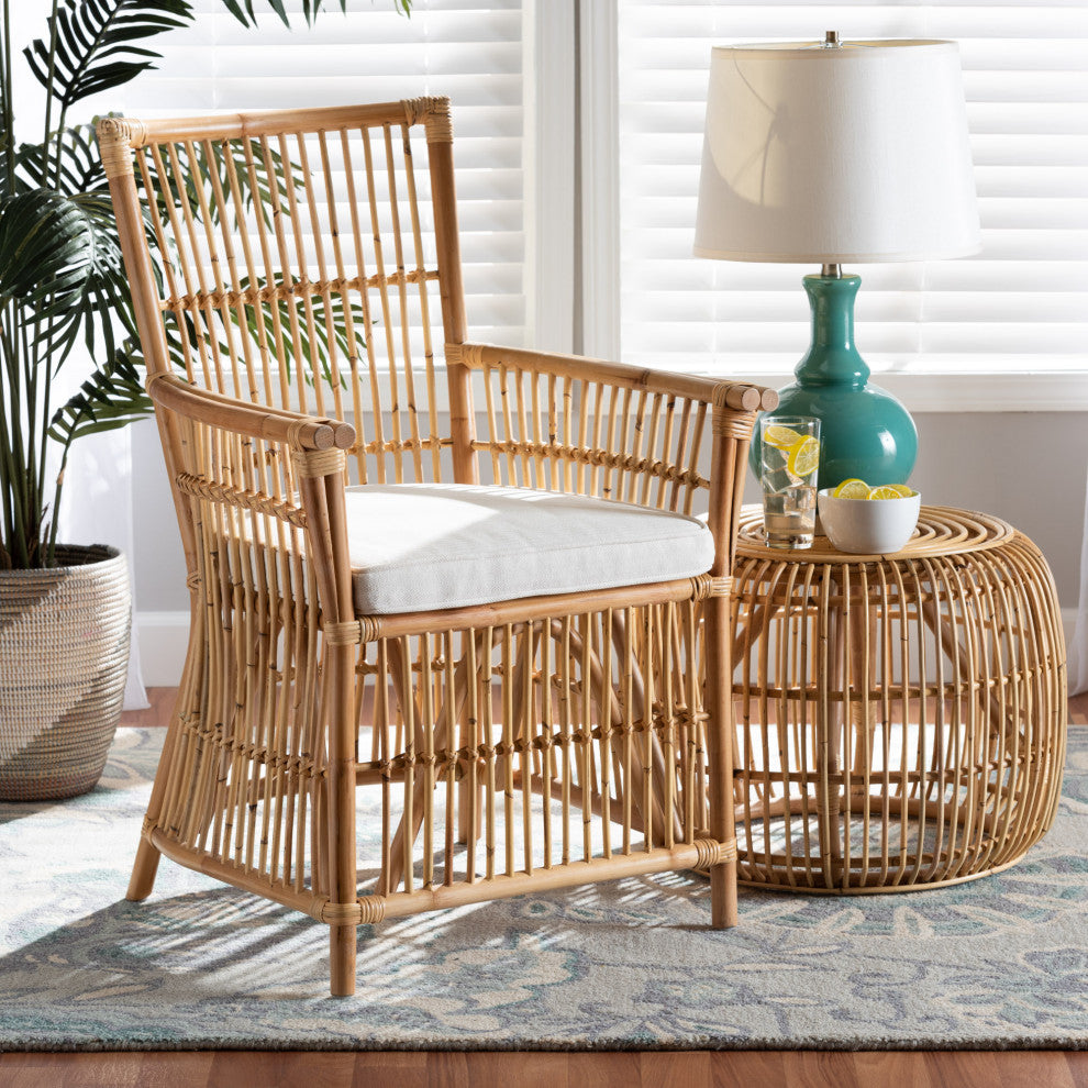 Rose Modern Bohemian White Fabric Upholstered and Natural Brown Rattan Armchair
