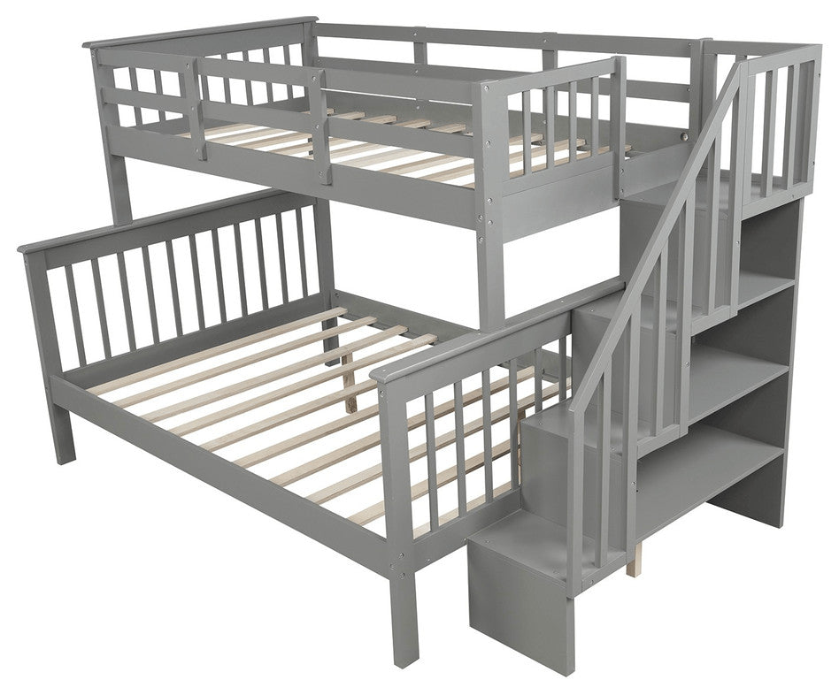 Gray Twin Over Full Contemporary Bunk Bed With Stairs And Shelves