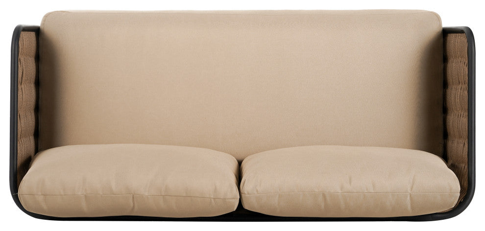 GDF Studio Outdoor Wicker Loveseat With Water-Resistant Cushions, Brown/Beige