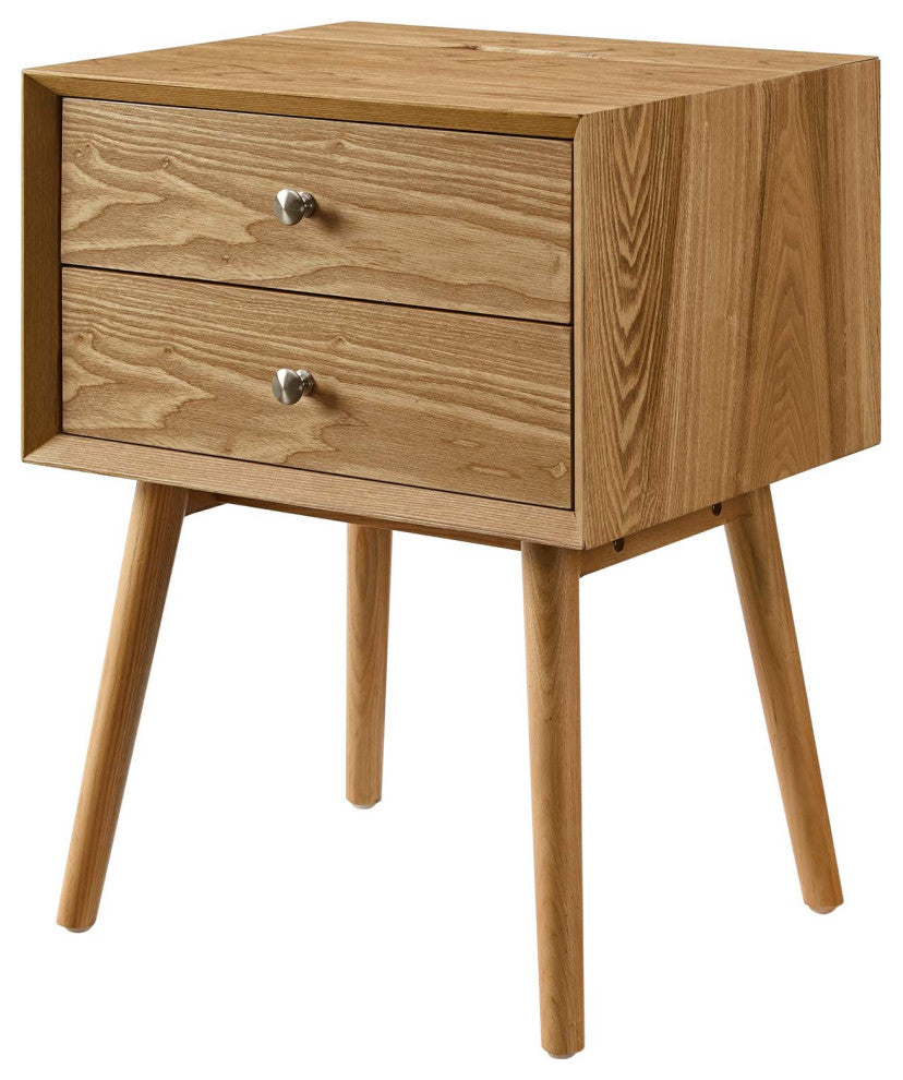 Nightstand Side End Table With USB, Wood, Brown Natural, Modern Living Room
