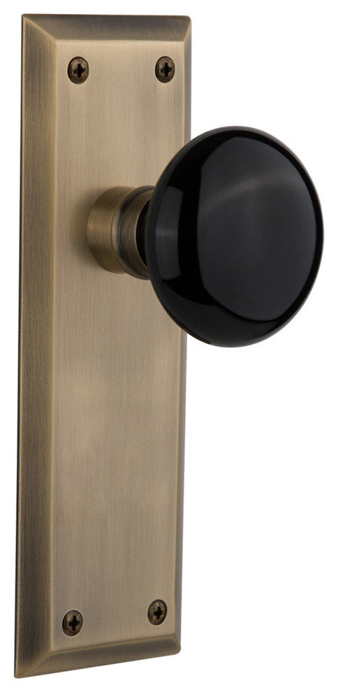 New York Plate Privacy Black Porcelain Knob, Antique Brass