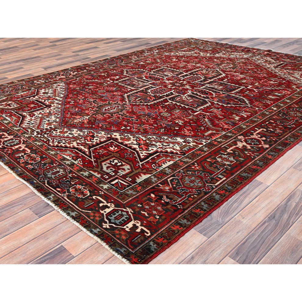 Ajax Red Pure Wool Hand Knotted Vintage Persian Heriz Oriental Rug 7'9"x10'10"