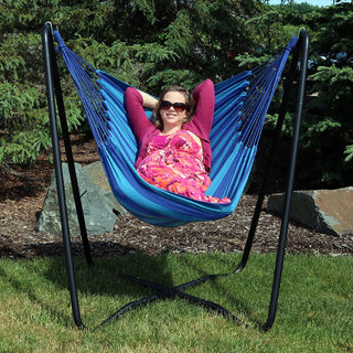 Sunnydaze Hanging Hammock Chair Swing With Space-Saving Stand, Beach Oasis