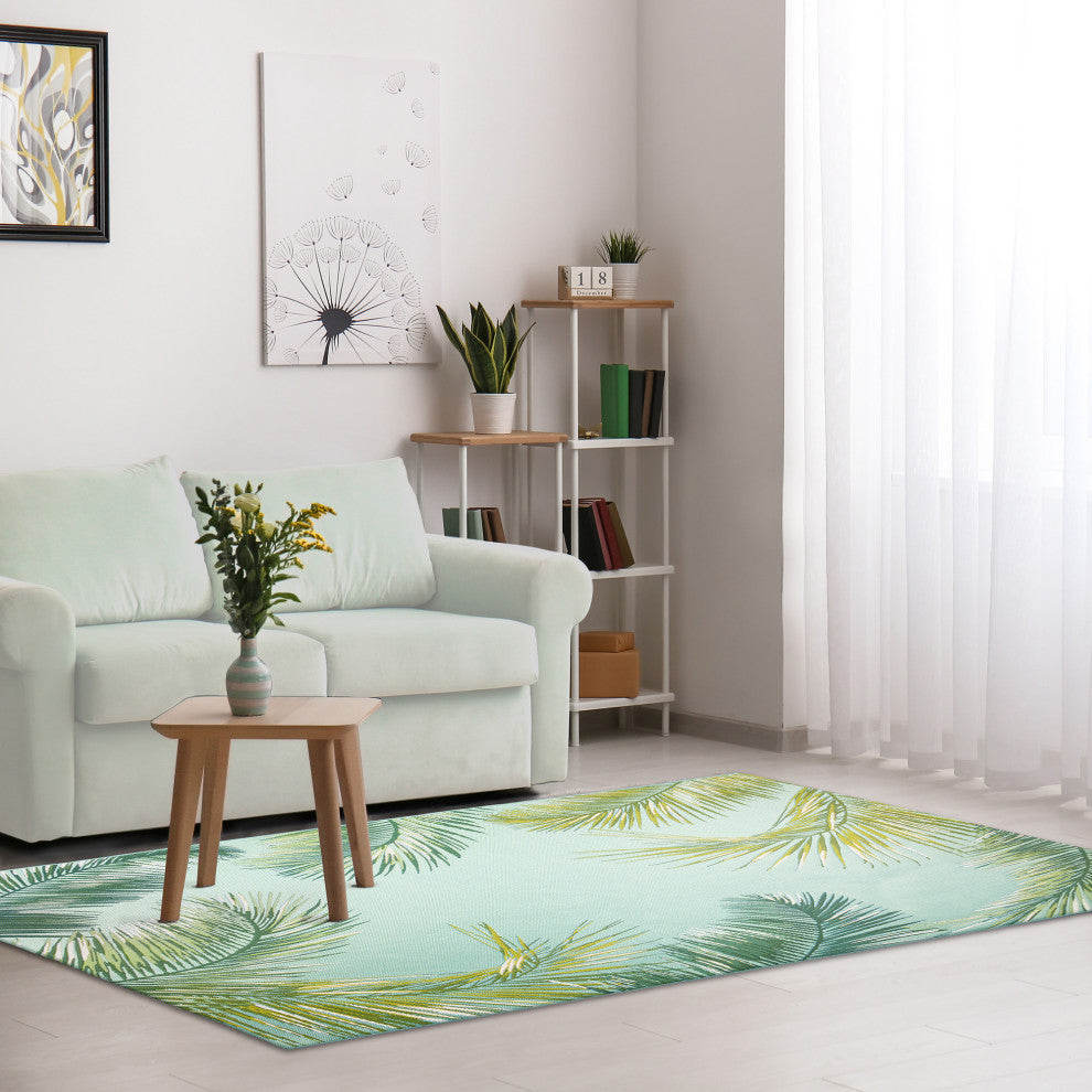 Marina Palm Border Indoor/Outdoor Rug, Aqua, 4'10"x7'6"