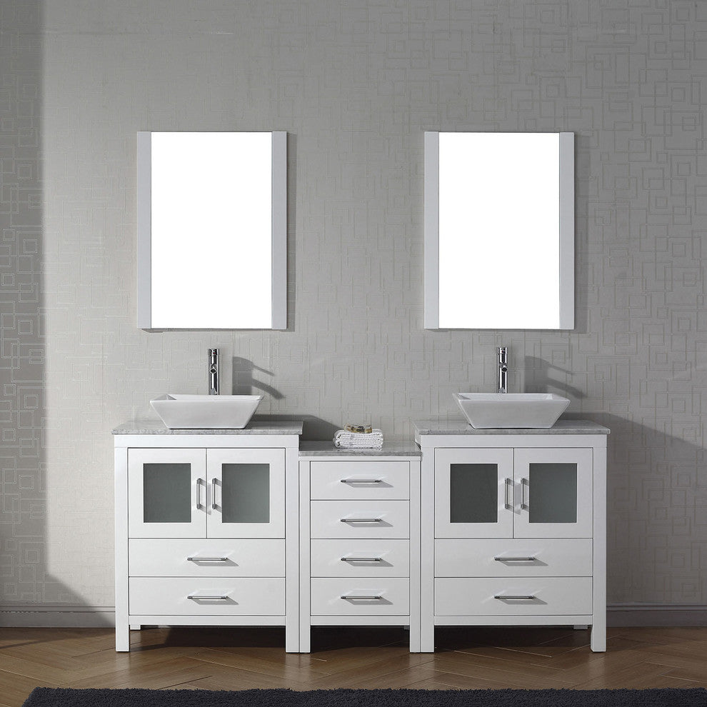 Virtu Dior 74" Double Bathroom Vanity, White With Faucet and Mirrors