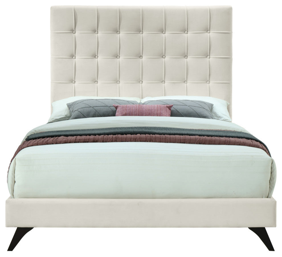 Elly Velvet Upholstered Bed, Cream, Queen