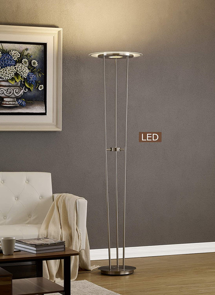 Modern LED Torchiere Floor Lamp, 72", Satin Nickel, Glass Diffuser, Touch Dimmer