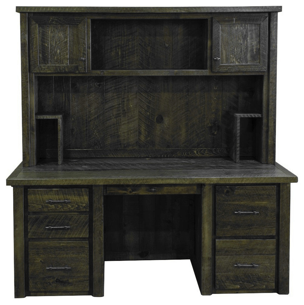 Barnwood Style Timber Peg Executive Desk With Hutch, Weathered Slate
