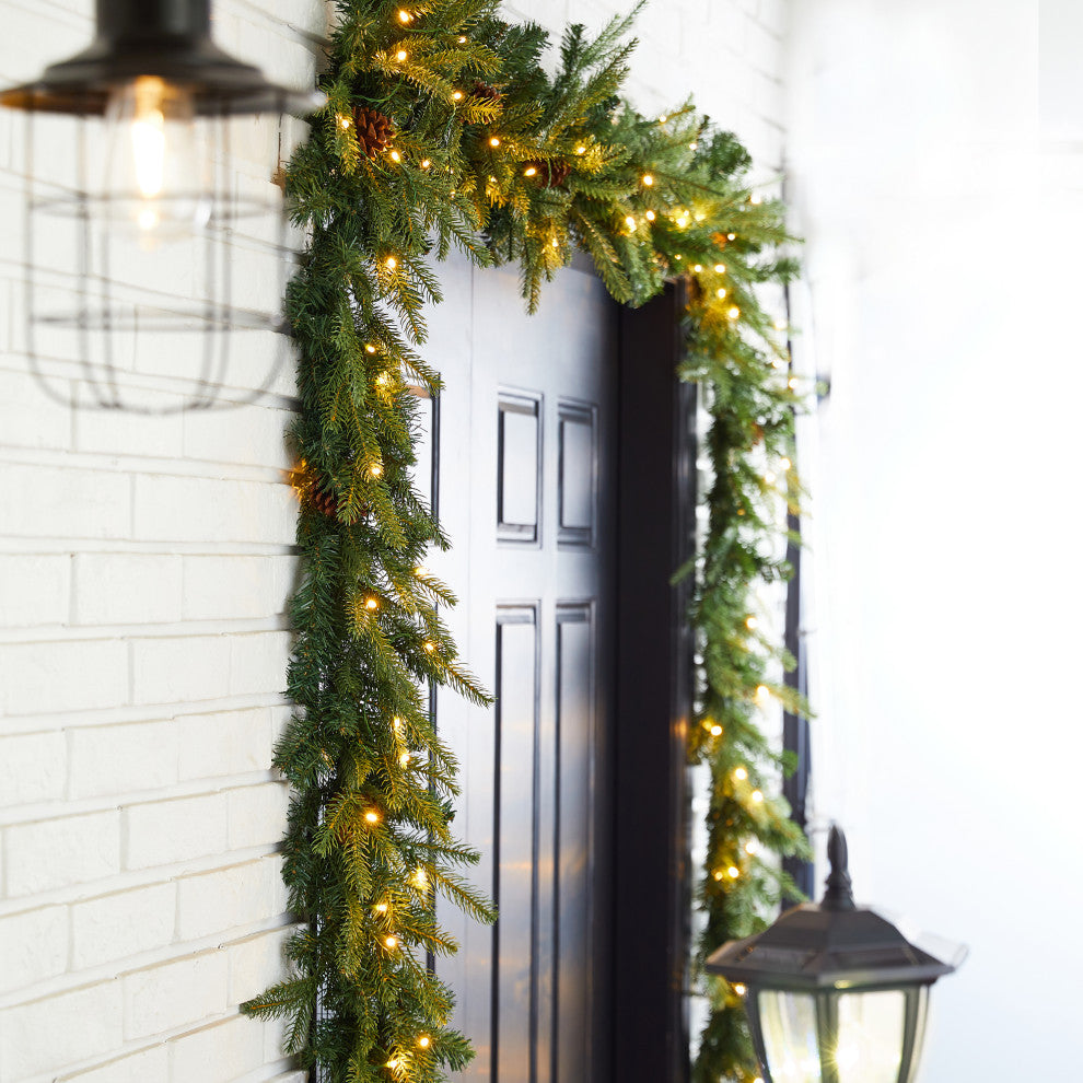 2pk 9ft Pre-Lit Greenery Pine Cone Christmas Garland, With Warm White LED Lights