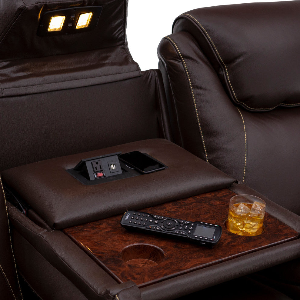 Seatcraft Vienna Leather Home Theater Seating Power Recline Sofa, Brown