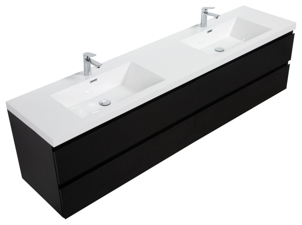 Aurora Wall Mount Vanity, White Acrylic Top, Matte Midnight Black, 84" Double