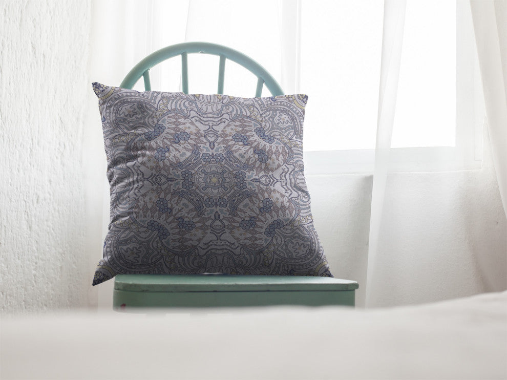 20" Yellow Gray Boho Ornate Suede Throw Pillow