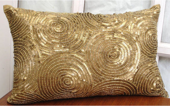 Spiral Sequins 12"x18" Art Silk Gold Lumbar Pillow Cover, All Eyes On Gold