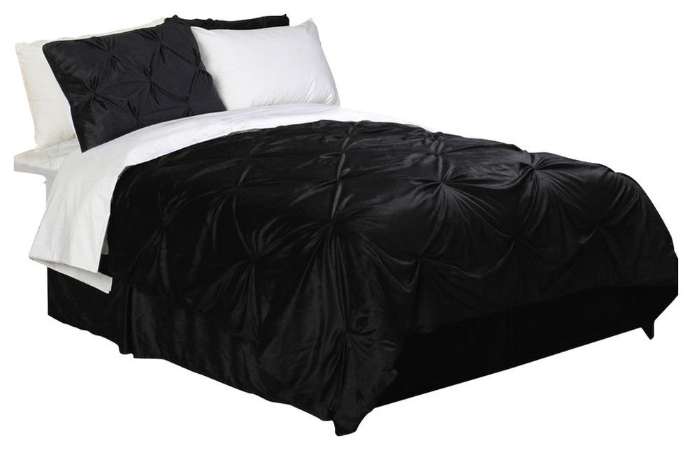 Pintuck Plush 3-PC Complete Comforter Set, Black, Queen, 4-Pc