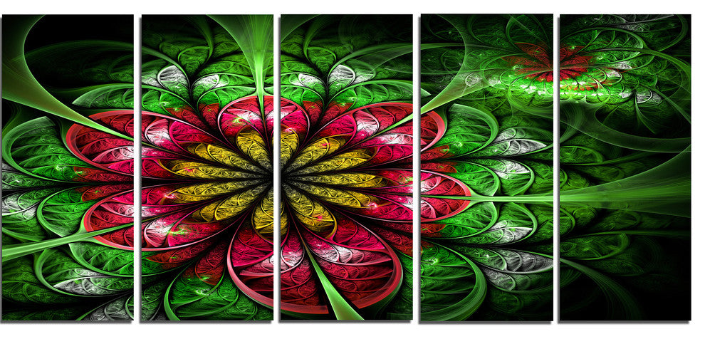 Dark Yellow and Green Flower, Abstract Wall Art Canvas, 60"x28", 5 Panels