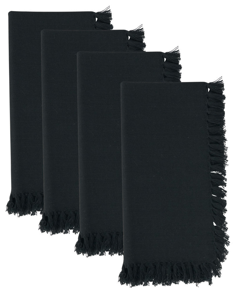 Table Napkins With Fringed Design (Set of 4), Black, 20"x20"