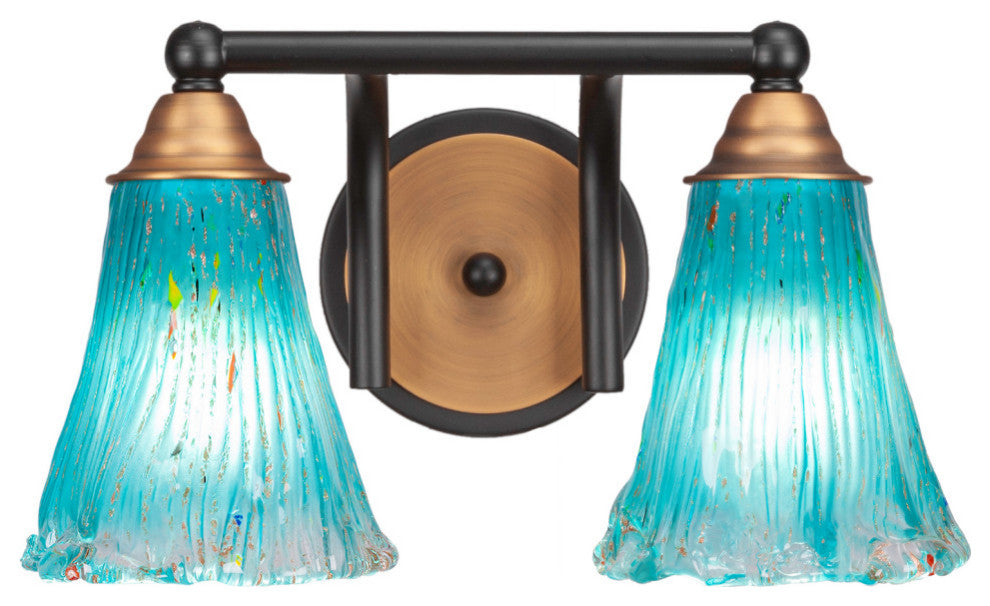 Paramount 2-Light Bath Bar, Matte Black & Brass, 5.5" Teal Crystal Glass