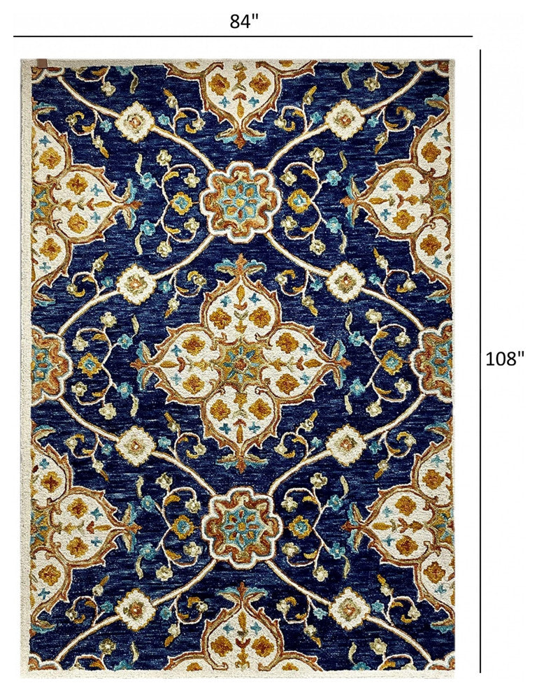 7" x 9" Blue and Gold Intricate Floral Area Rug