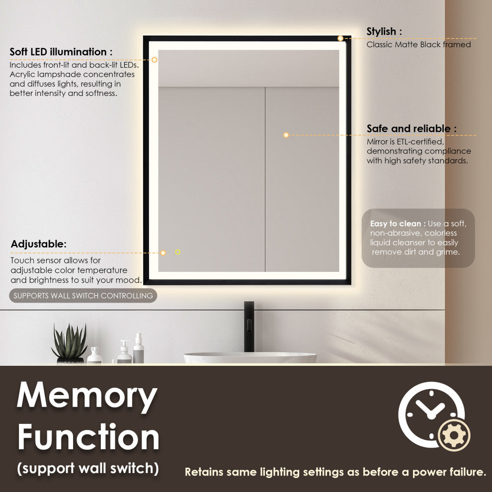 Apollo Anti-Fog Dimmable Vanity, LED Lighted Wall Mirror, Matte Black, 36"