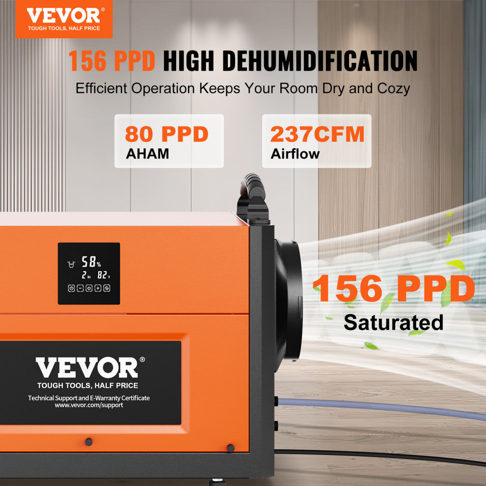 VEVOR 156 PPD Commercial Dehumidifier with Pump Drain Hose for Crawl Spaces