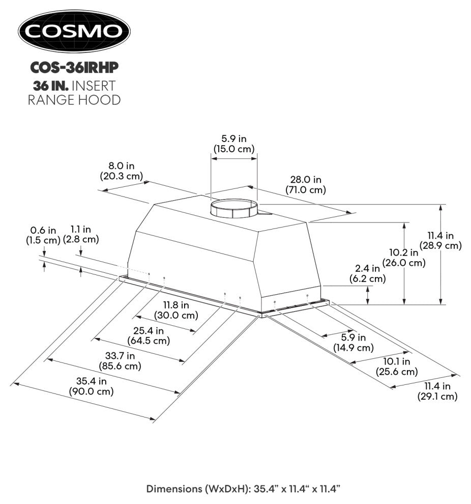 Cosmo 36" Insert Range Hood With Push Button Controls, Stainless Steel