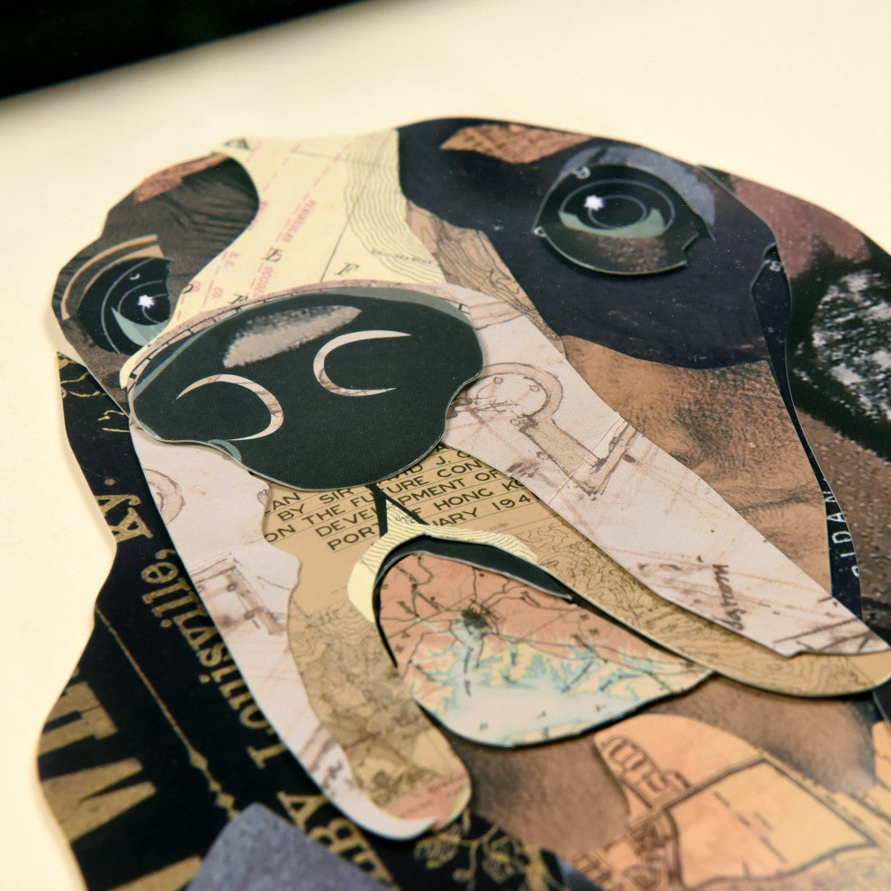 Basset Hound Dimensional Handmade Collage Wall Art Framed Under Glass