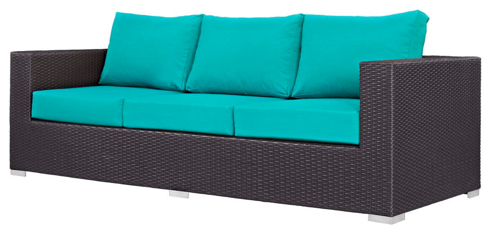 Modern Outdoor Sofa, Chair and Coffee Table Fire Pit Set, Fabric Rattan, Blue