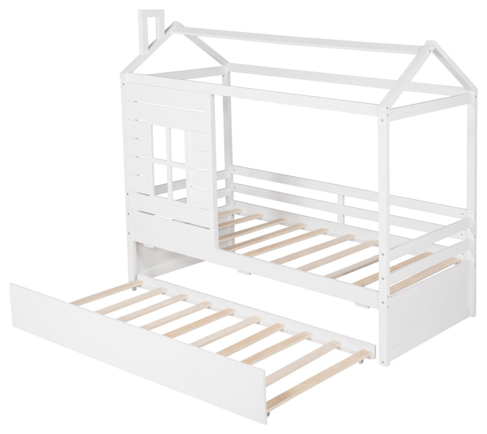 Gewnee Wood Twin House Bed with Twin Size Trundle in White