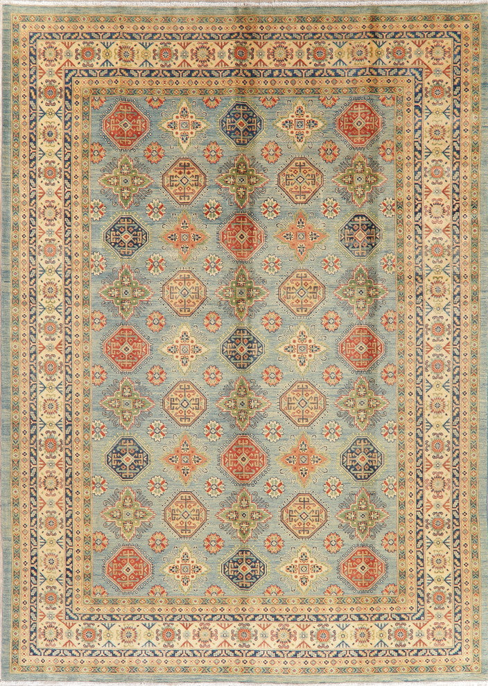 Pakistani Hand-Knotted Oriental Kazak Traditional Area Rug, Blue, 12'0"X8'9"