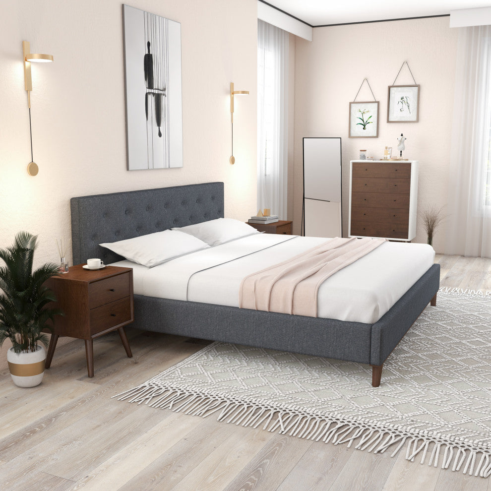Ashton Mid-Century Modern Solid Wood Tufted Dark Grey Fabric Platform Bed, King