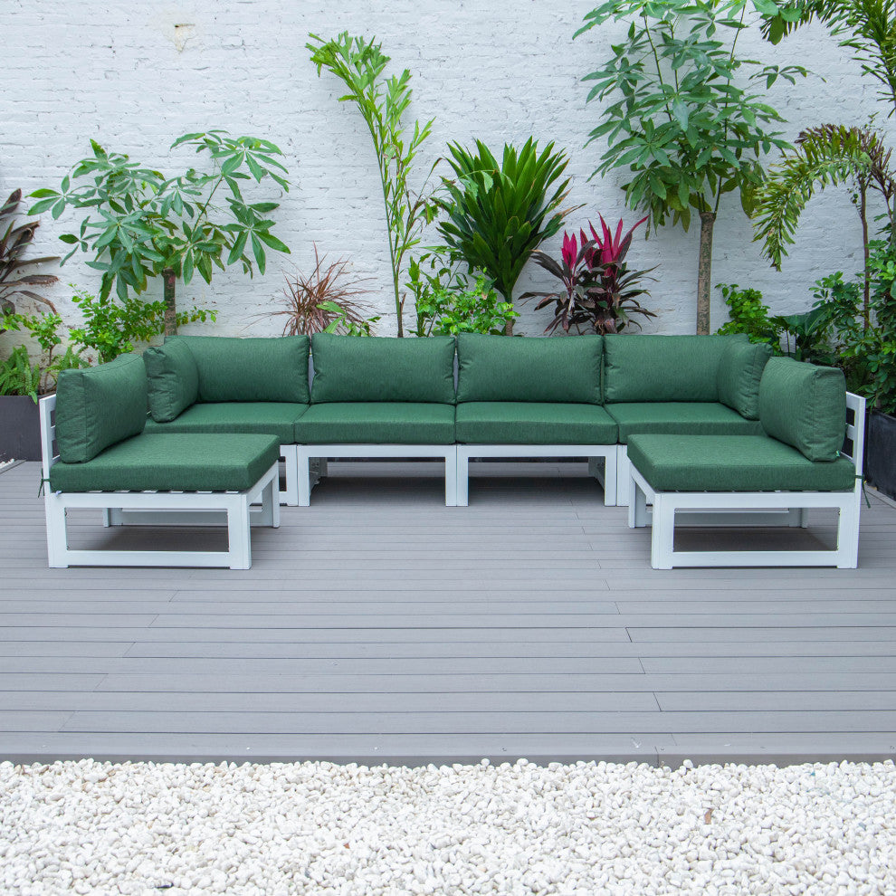 LeisureMod Chelsea 6-Piece Patio Conversation Set, White Aluminum, Green